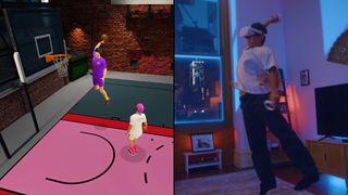 A screenshot from Gym Class Basketball VR next to an image of a person playing the game.