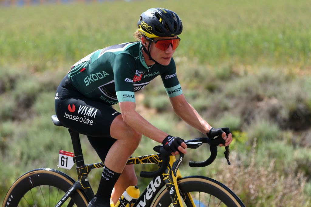 ZARAGOZA SPAIN MAY 01 Marianne Vos of The Netherlands and Team Visma Lease a Bike Green points jersey competes during the 10th La Vuelta Femenina 2024 Stage 4 a 1423km stage from Molina de Aragon to Zaragoza UCIWWT on May 01 2024 in Zaragoza Spain Photo by Alex BroadwayGetty Images