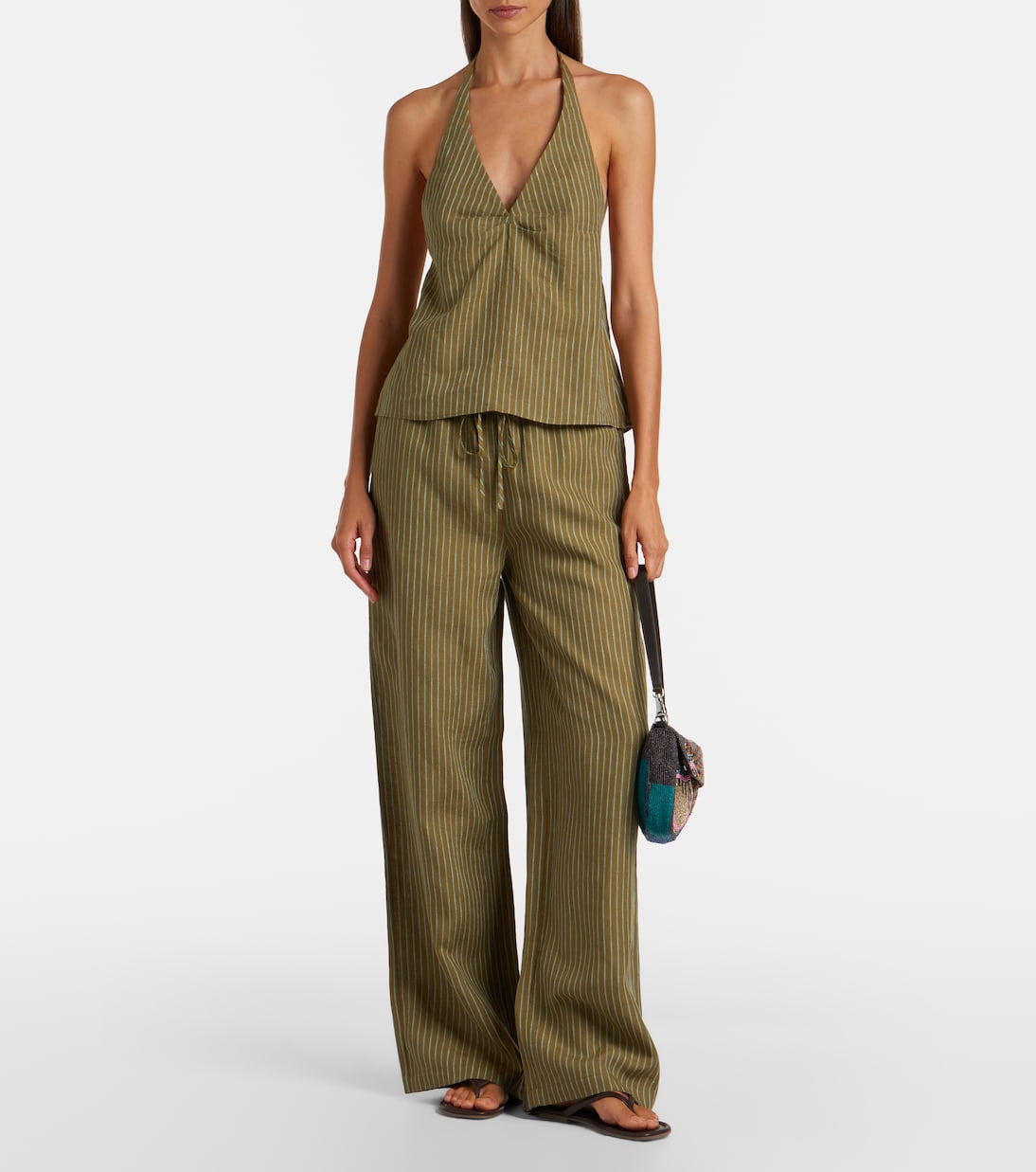 Mateo Pinstripe Linen Wide-Leg Pants in Green - Staud