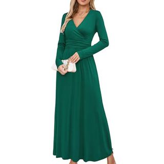 Ouges Women's Long Sleeve Wrap Dress With Pockets on a blonde woman