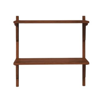 A wall shelf in walnut brown with two shelves and two wooden panels either side
