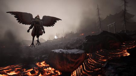 Shadow of the Road screenshot showing a humanoid bird-like figure hovering over a molten battlefield with wings outstretched