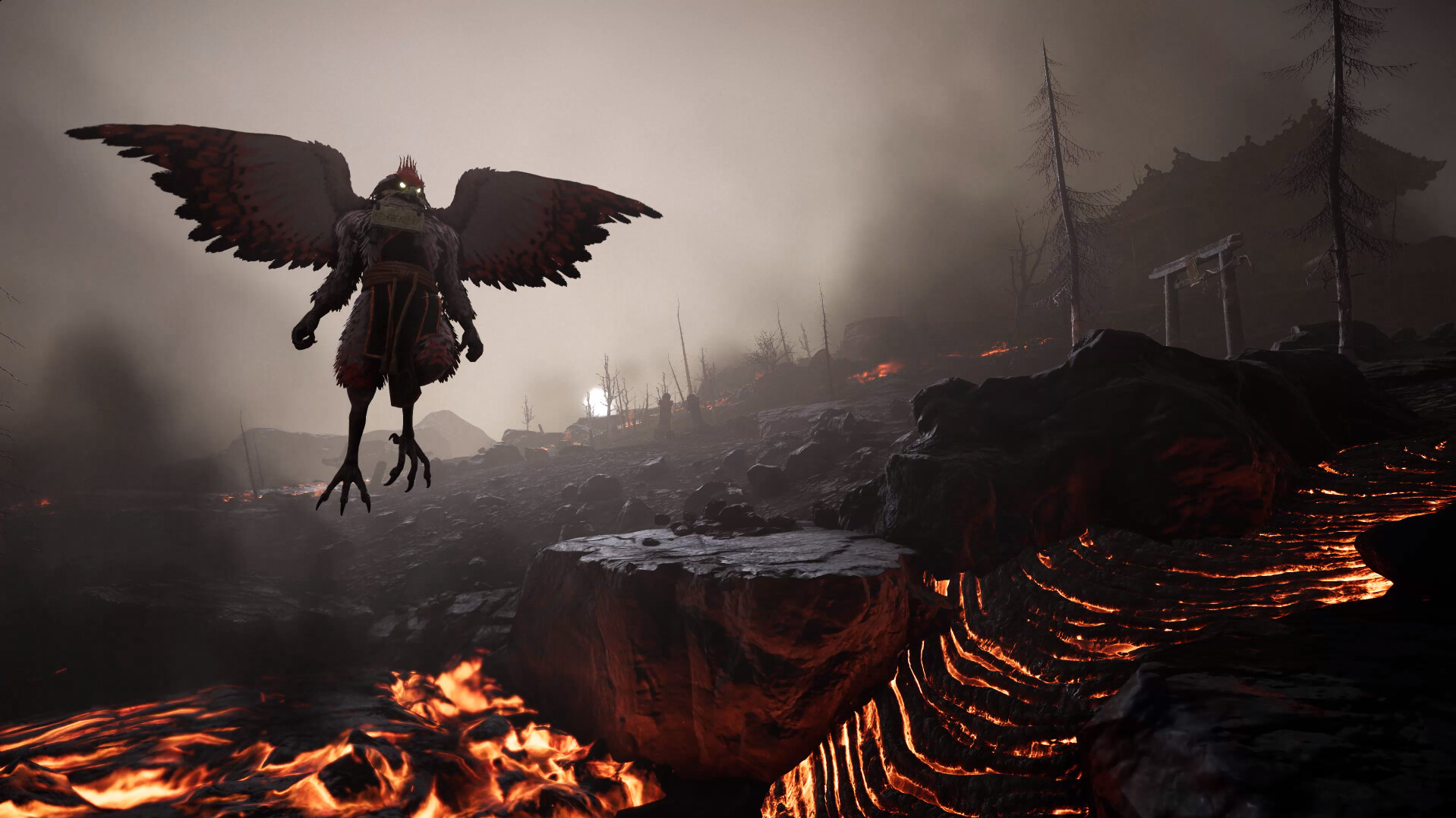 Shadow of the Road screenshot showing a humanoid bird-like figure hovering over a molten battlefield with wings outstretched