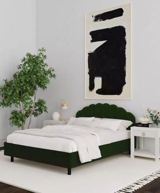 A Target Threshold Emma Platform Bed in Emerald Luxe Velvet in a minimalist white bedroom