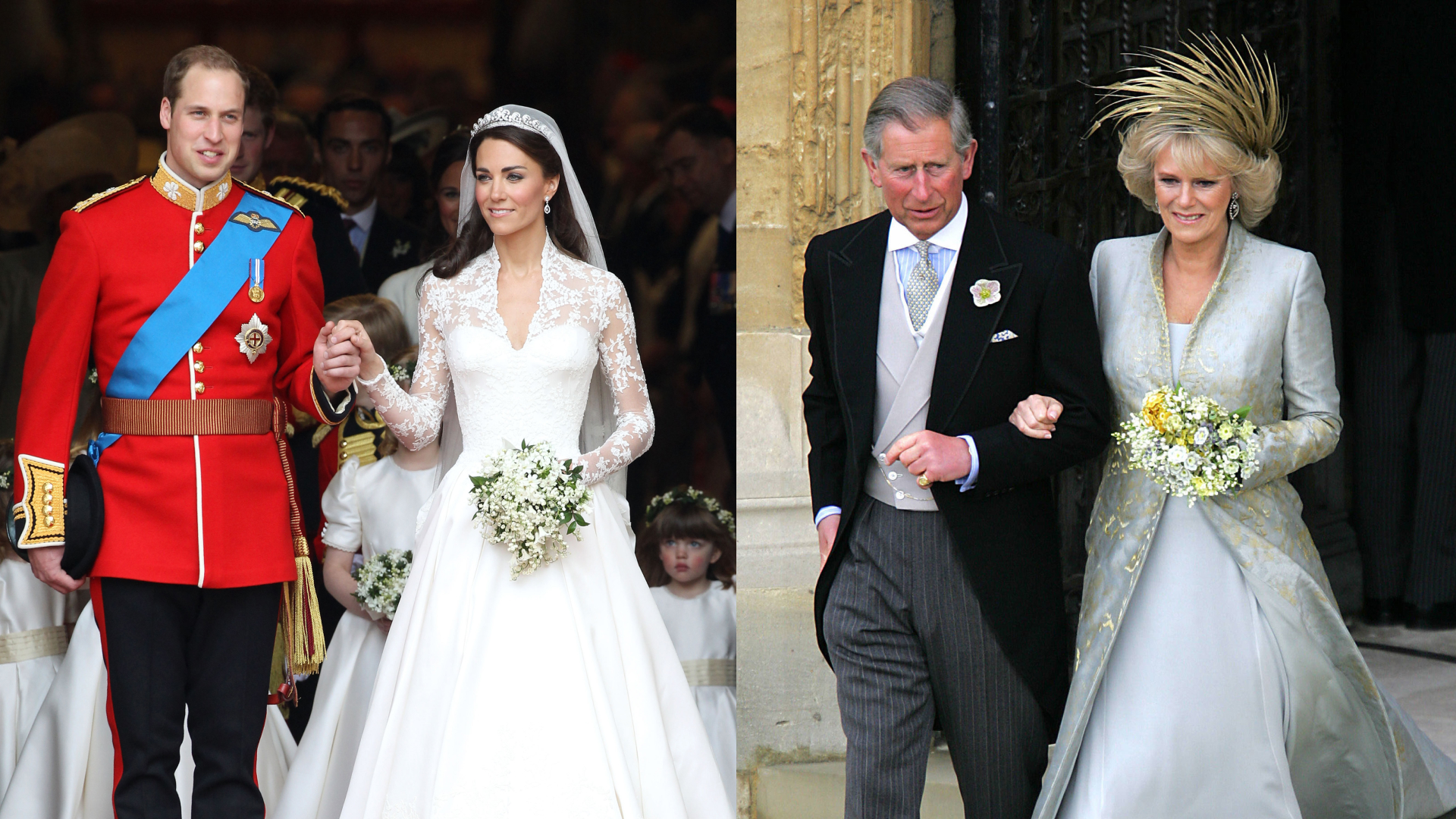 Prince William and Princess Kate on their wedding day next to a photo of King Charles and Queen Camilla on their wedding day