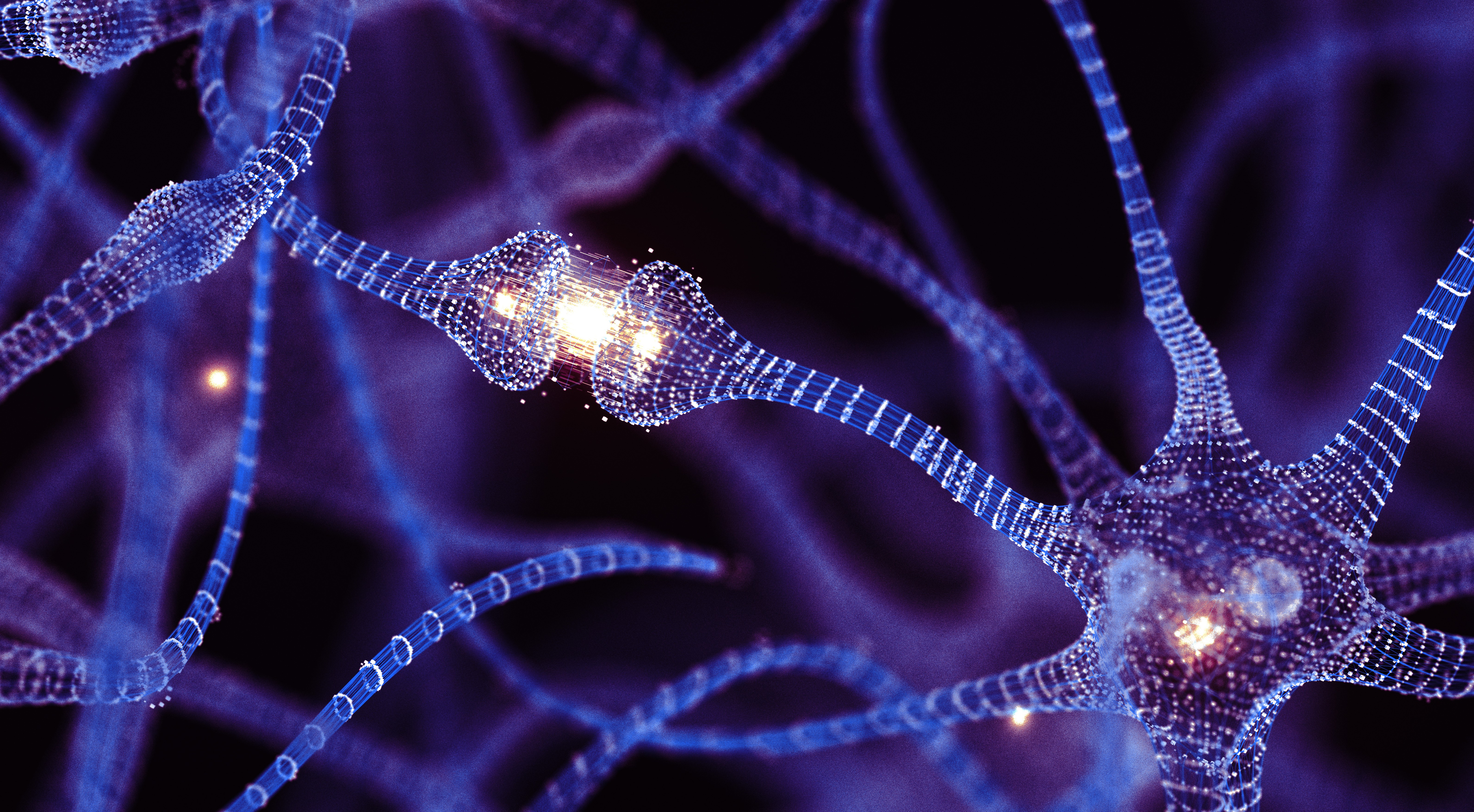 illustration of purple neurons firing signals against a dark background