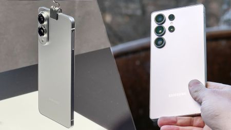 Split image featuring the Galaxy S25 Edge (left) and Galaxy S25 Ultra (right)