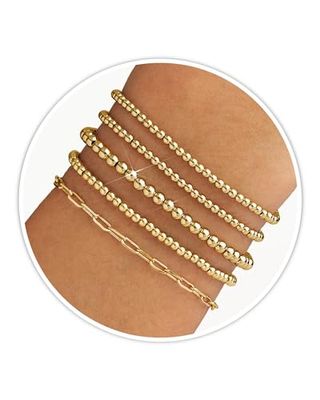 Shownee Goldperlen-Armbänder für Damen, 14 Karat vergoldete Armbänder, Gold-Stretch-Perlen-Kugel-Armband, hypoallergen, stapelbares Armband-Set (kleine Perlen)