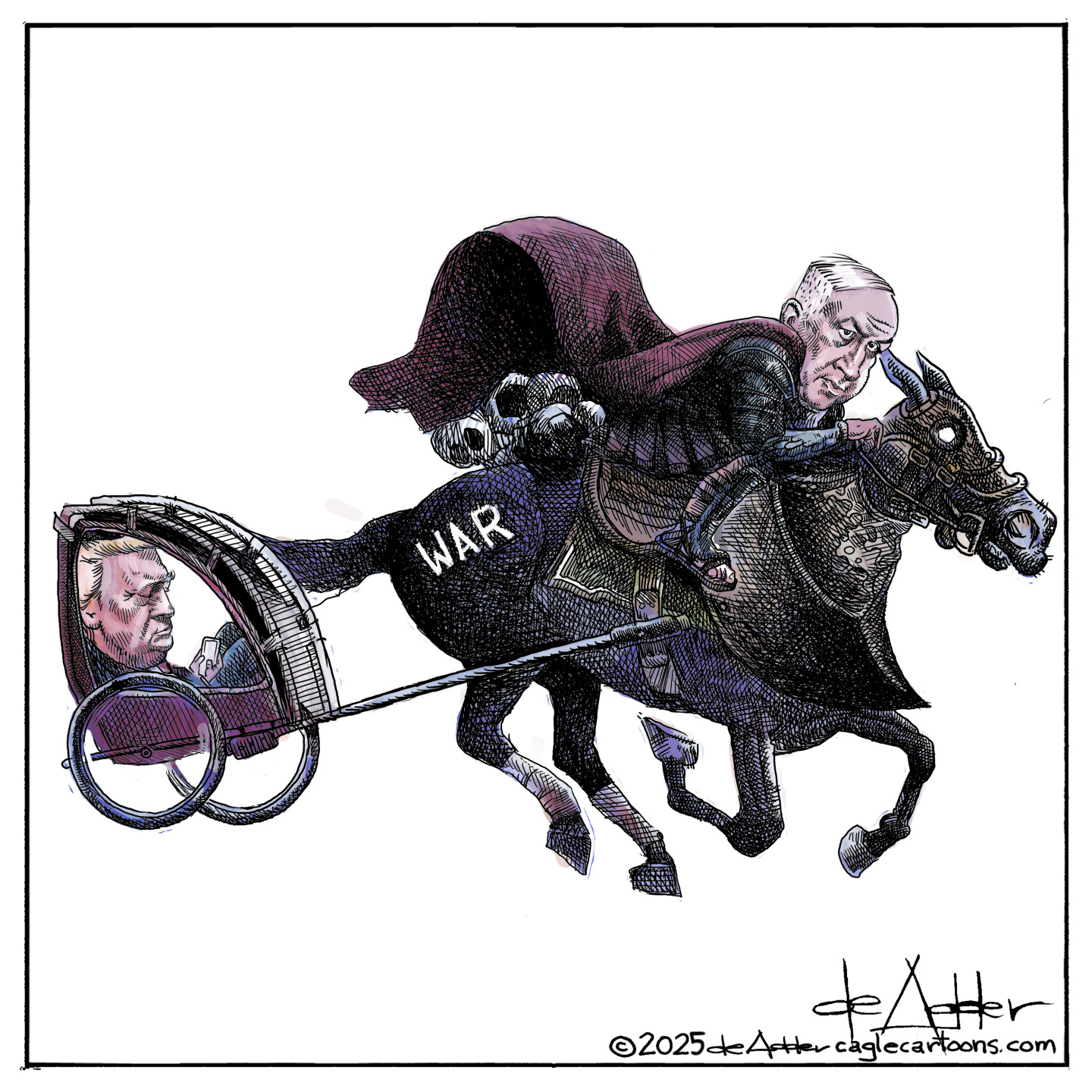 This editorial cartoon depicts Bibi Netamyahu as one of the four horsemen of the apocalypse, riding a horse named “WAR”. There is a child’s seat attached to the horse, in which sits Donald Trump, playing with his phone.