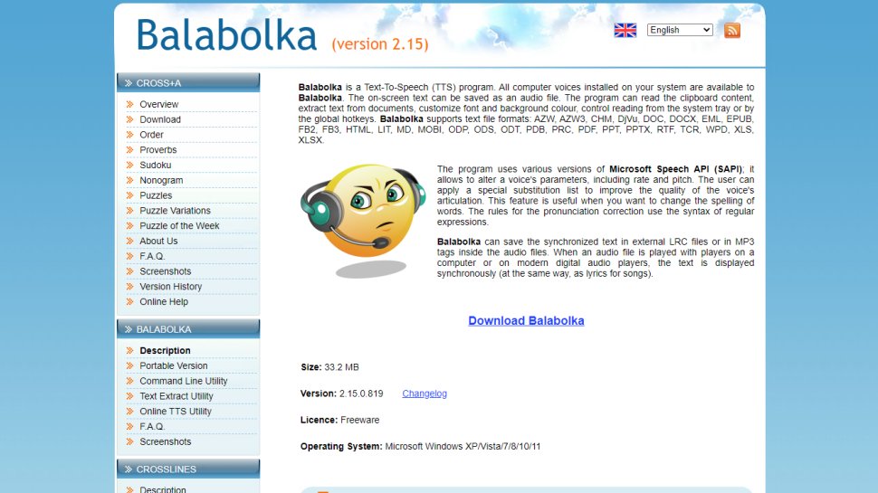 Tangkapan layar situs web untuk Balabolka