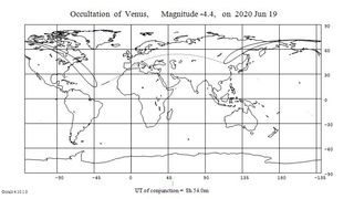 A visibility map for the moon's occultation of Venus on June 19, 2020.