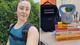 T3's active writer rucking and a pile of books, a kettlebell and rucksack