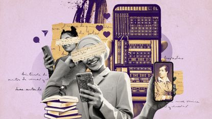 Photo collage of books, two smiling women on their phones, and a portrait of Lord Byron looking on from another phone screen.