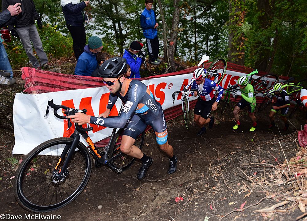 Danny Summerhill (Maxxis-Shimano) leading the race at a new run-up on lap two