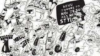 Ink line art showing a busy scene with humanised animal characters on scooters and text in French