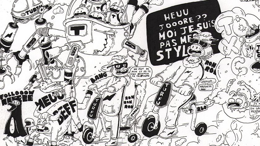 Ink line art showing a busy scene with humanised animal characters on scooters and text in French