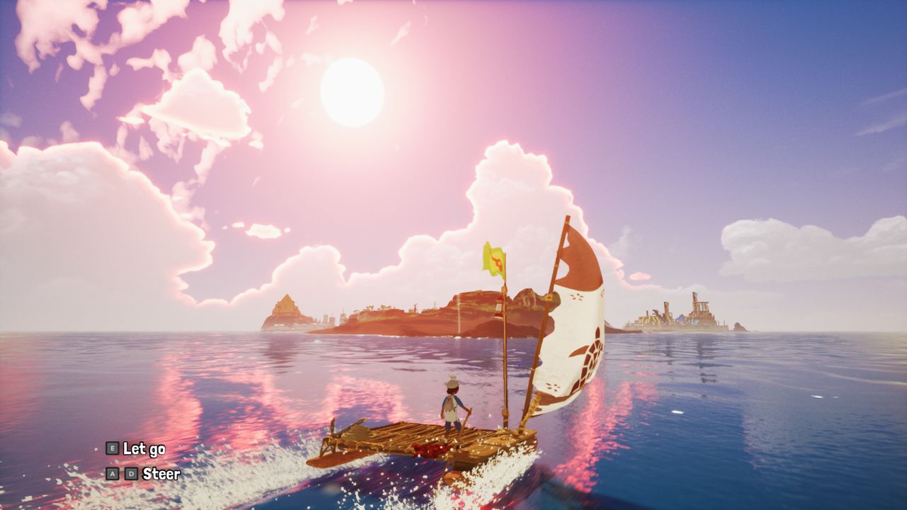 Kid sailing raft near island