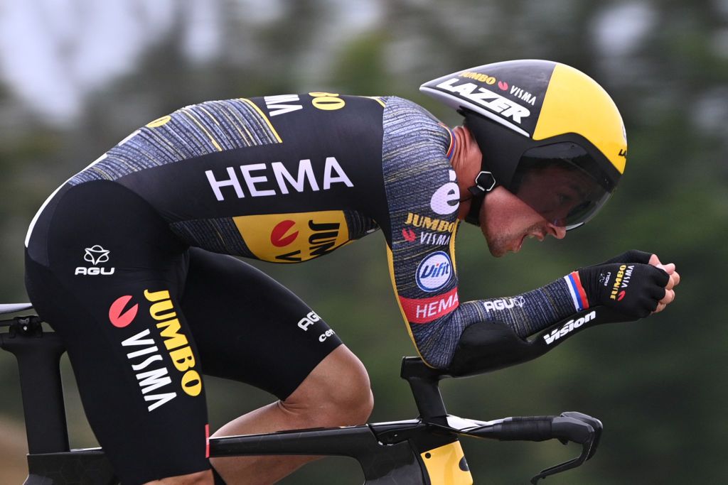 Team Jumbo Vismas Primoz Roglic of Slovenia rides during the 5th stage of the 108th edition of the Tour de France cycling race a 27 km time trial between Change and Laval on June 30 2021 Photo by AnneChristine POUJOULAT AFP Photo by ANNECHRISTINE POUJOULATAFP via Getty Images