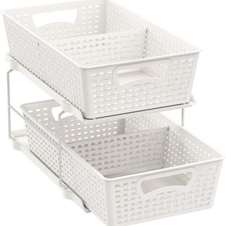 white two-tier storage with pull-out white plastic drawers