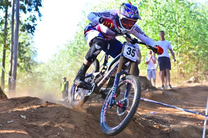 Steve Peat of Great Britain flies down the course during his 21st consecutive World Championships
