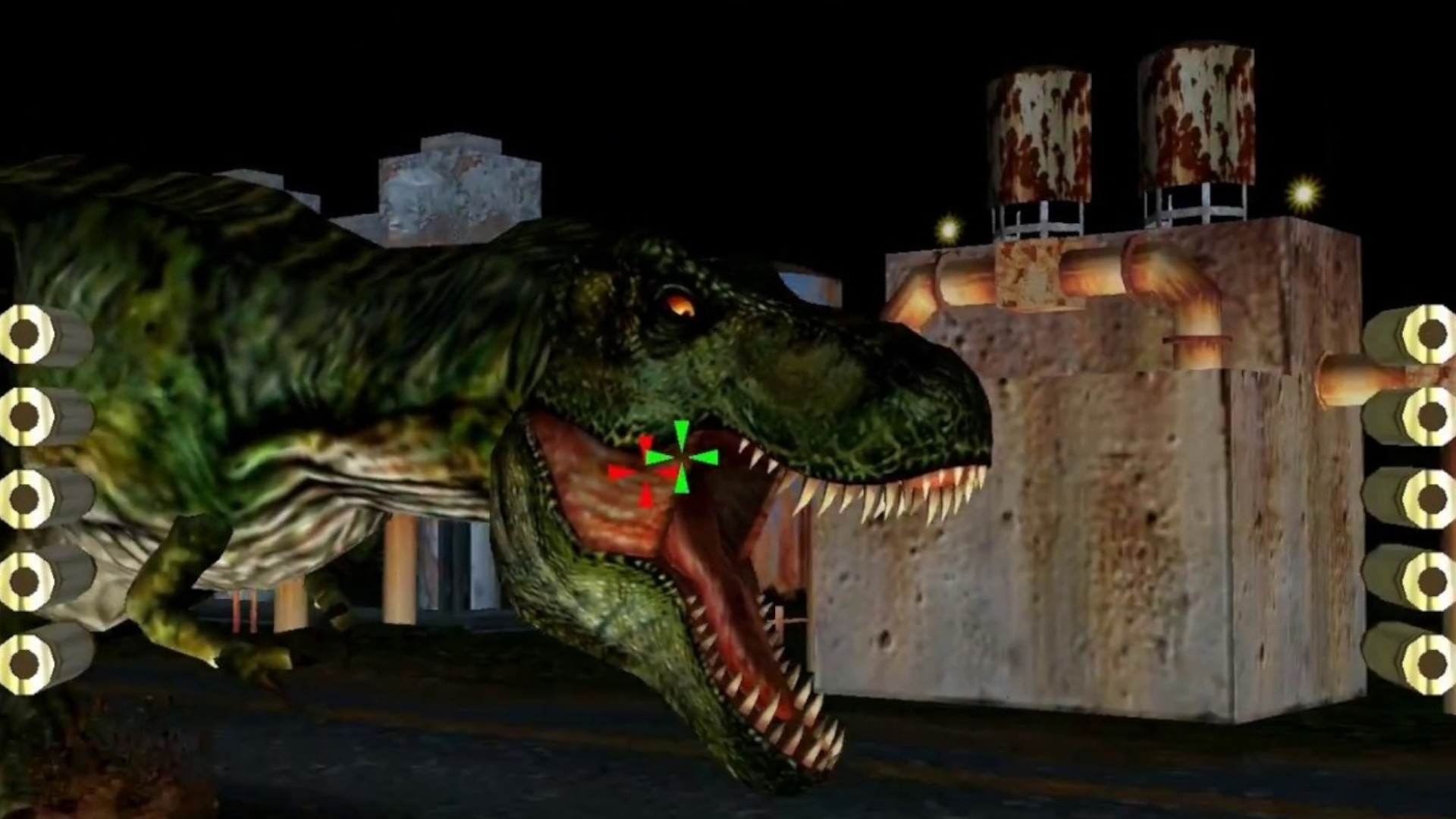 A screenshot of a T-Rex roaring during one of the best Jurassic Park games, The Lost World: Jurassic Park