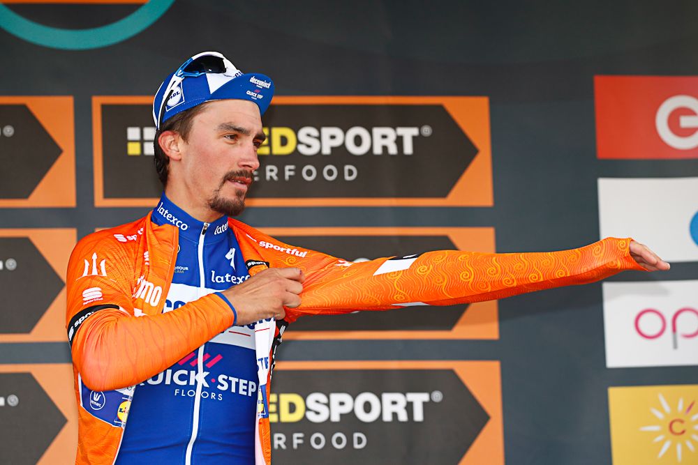 Julian Alaphilippe on the stage 2 podium at Tirreno-Adriatico