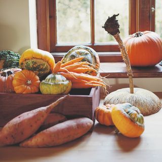 A kitchen counter with a box of vegetables