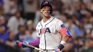 Aaron Judge #99 of Team United States reacts after striking out to end the game against Team Italy during the 2026 World Baseball Classic at Daikin Park on March 10, 2026 in Houston, Texas. Team Italy defeated Team United States 8-6. 