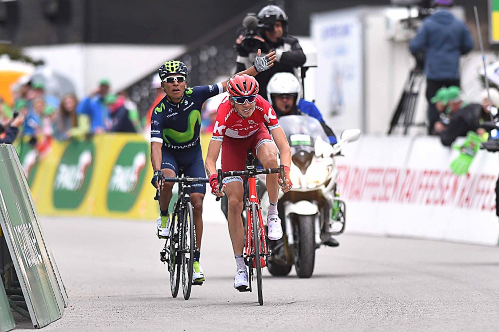 Nairo Quintana reacts after Ilnur Zakarin's irregular sprint during stage 4 at the Tour de Romandie.
