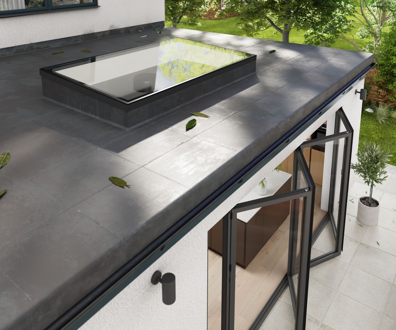 A render of a flat glass rooflight a single storey extension