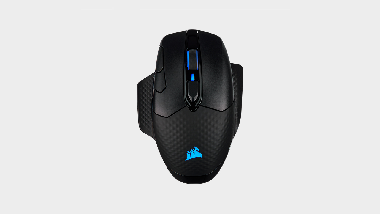 Image of the Corsair Dark Core RGB Pro SE gaming mouse on a grey background.