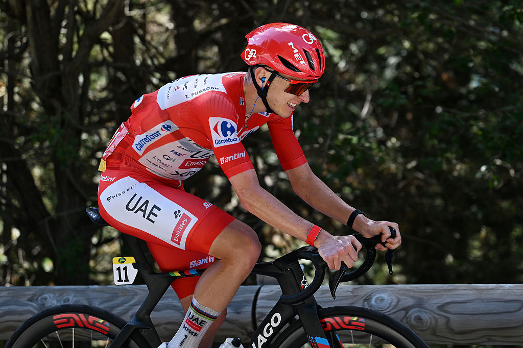 ANDORRA LA VELLA, ANDORRA - AUGUST 25: Tadej Pogacar of Slovenia and UAE Team Emirates XRG - Red Leader Jersey attacks in the breakaway during the La Vuelta - 81st Tour of Spain 2026, Stage 4 a 104.8km from Andorra la Vella to Andorra la Vella / #UCIWT / on August 25, 2026 in Andorra la Vella, Andorra. (Photo by Tim de Waele/Getty Images)