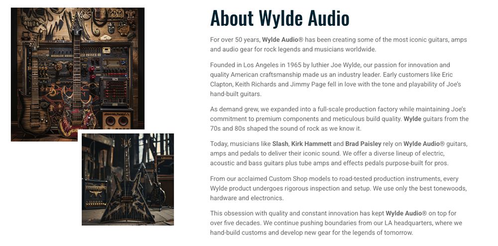 False About Us and product listings from an AI Wylde Audio website
