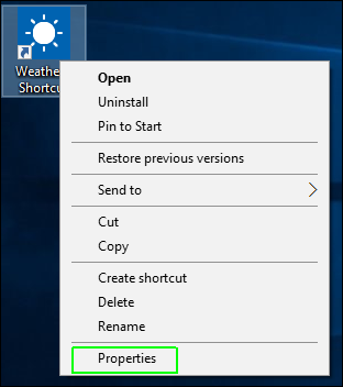 Right-click on the new shortcut and select Properties