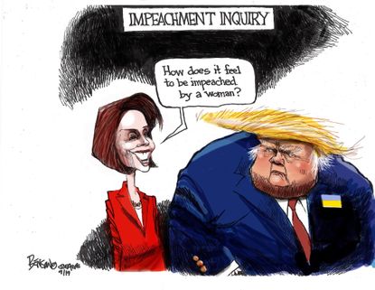Political Cartoon U.S. Trump Pelosi Impeached By Woman Ukraine