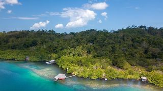 Overhead view of resort built on jungle island surrounded by blue waters