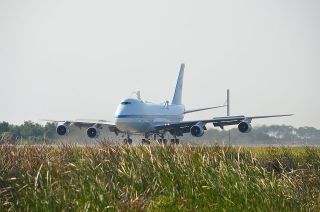 NASA's modified Boeing 747 Shuttle Carrier Aircraft lands at the Kennedy Space Center in Florida on April 10, 2012.