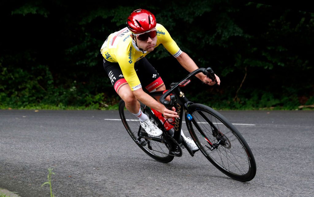 MAMER LUXEMBOURG SEPTEMBER 16 Marc Hirschi of Switzerland and UAE Team Emirates yellow leader jersey competes during the 81st SkodaTour De Luxembourg 2021 Stage 3 a 1893km stage from MondorfLesBains to Mamer 300m skodatour skodatour on September 16 2021 in Mamer Luxembourg Photo by Bas CzerwinskiGetty Images
