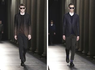 Split picture of two models walking down catwalk - both in black trousers and suit jackets