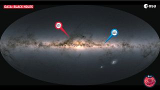 An image of the Milky Way showing the location of two newly discovered black holes that are the closest to Earth yet found.