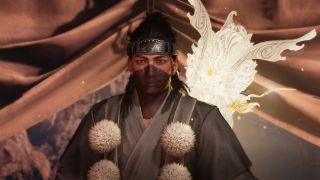 Nioh 3 Bloodedge Demon: An uppder-body shot of the player dressed up as a ninja looking straight ahead, with a glowing Guardian Spirit over their left shoulder.