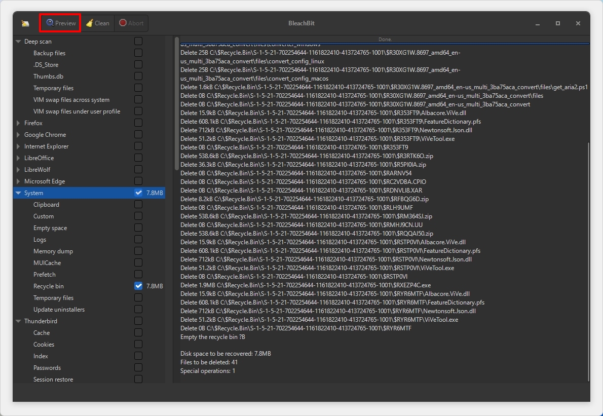 BleachBit for Windows 11 show preview results.