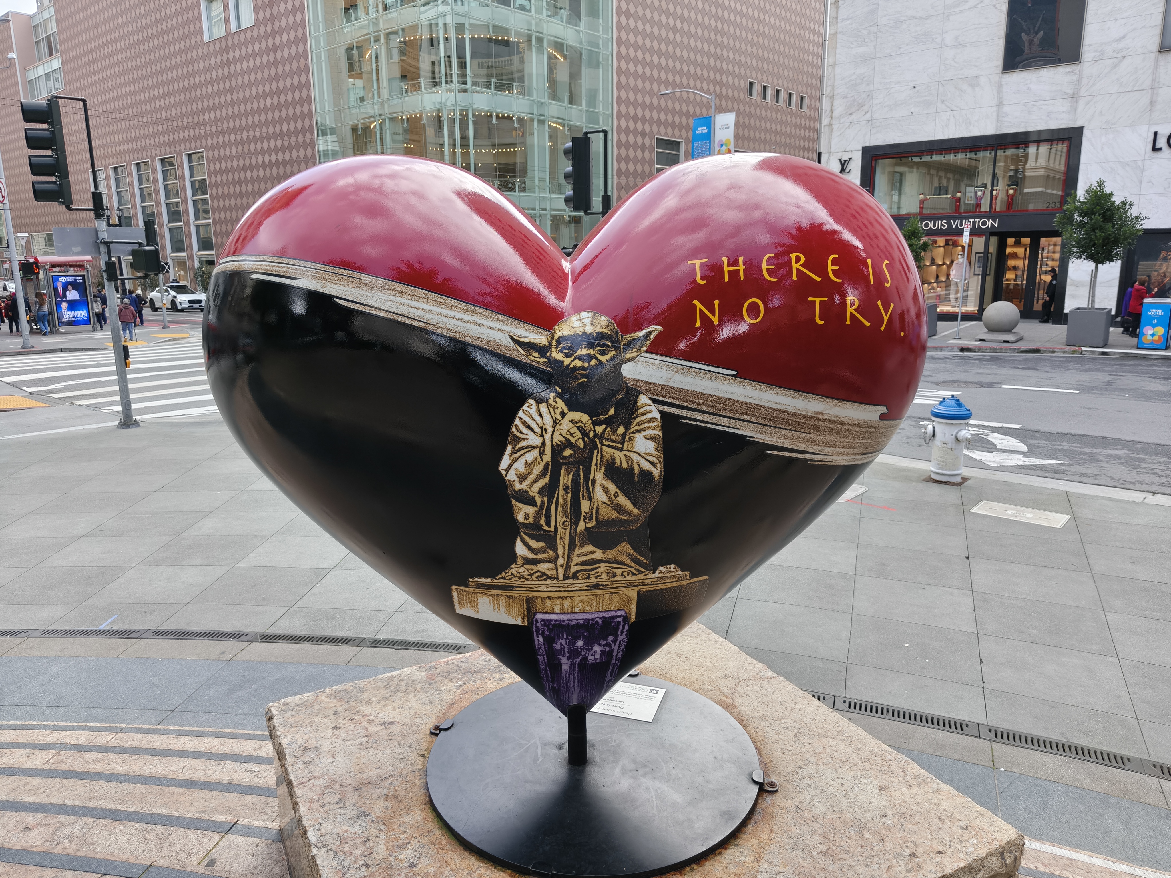 A heart art installation with Yoda on it