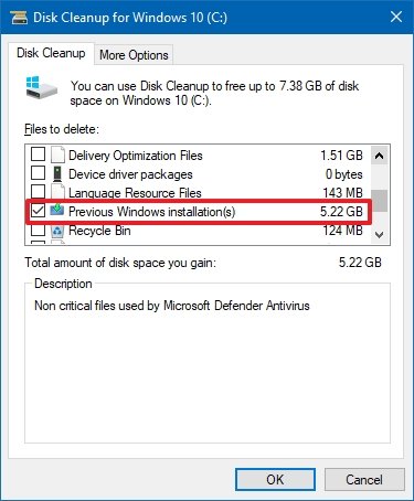Удалить предыдущую версию Windows 10 с помощью очистки диска