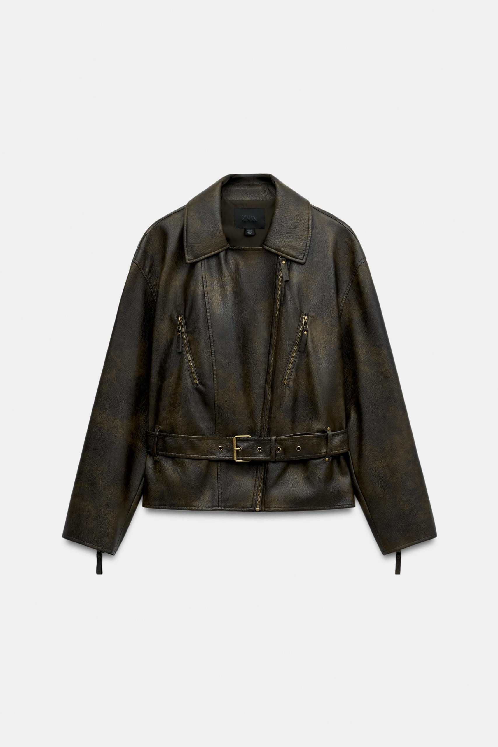 Belted Faux Leather Jacket - Dark Khaki - Xs