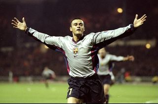 Luis Enrique of Barcelona celebrates his 15th minute goal during the Champions League Group B match against Arsenal played at Wembley Stadium, London. The game finished in a 4-2 win for Barcelona.