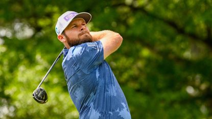 Tyrrell Hatton watches his tee shot during the Wells Fargo Championship.