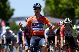 TANUNDA AUSTRALIA JANUARY 22 Sam Welsford of Australia and Team Red Bull BORA hansgrohe Orange Santos Leaders Jersey celebrates at finish line as stage winner during the 25th Santos Tour Down Under 2025 Stage 2 a 1288km stage from Tanunda to Tanunda 342m UCIWT on January 22 2025 in Tanunda Australia Photo by Dario BelingheriGetty Images