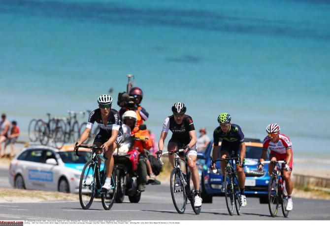 Matteo Trentin (Omega Pharma-Quick Step), Jens Voigt (Trek Factory Racing) Jose Lobato (Movistar) and Mikhail Ignatyev (Katusha) in the break