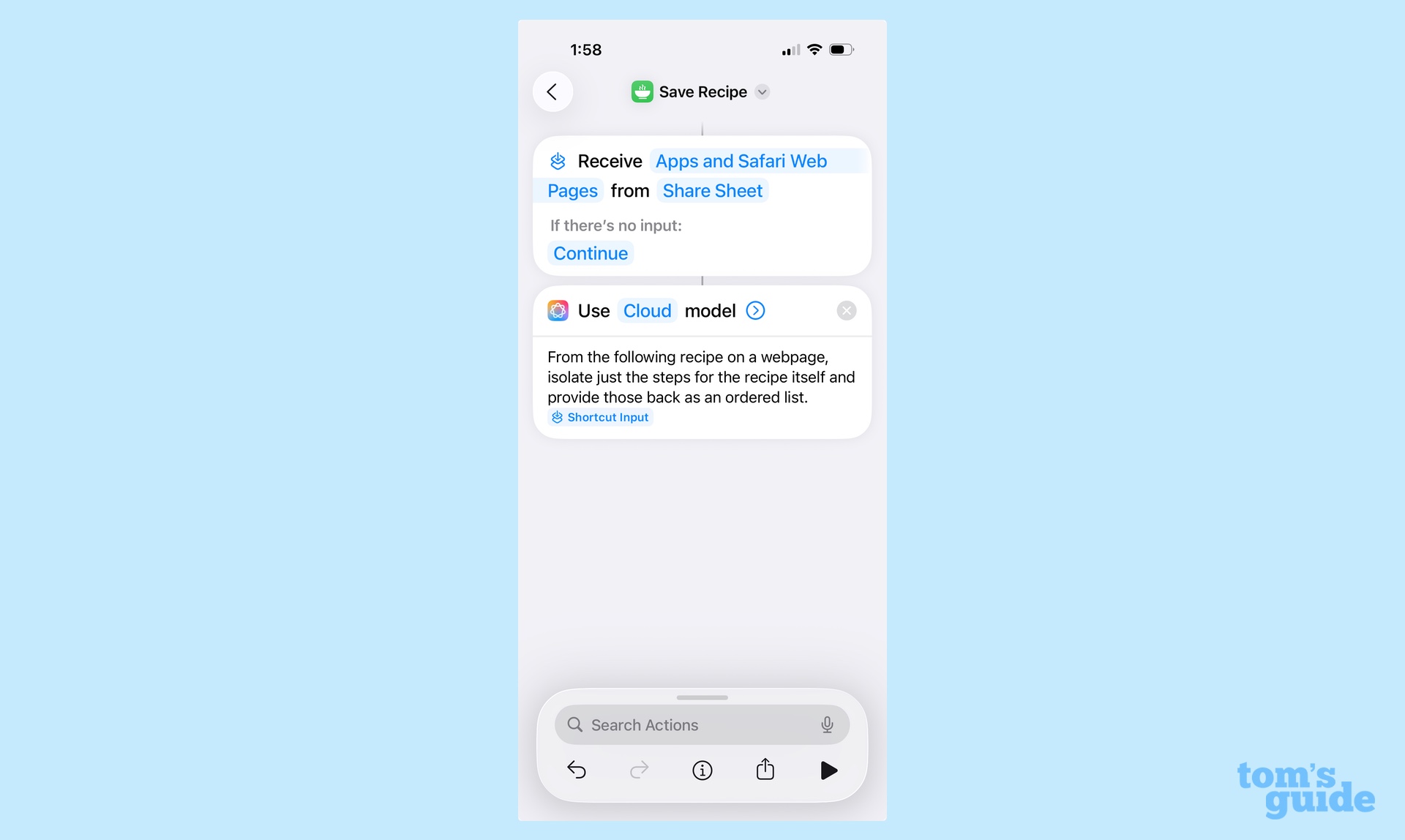 creating a prompt to employ a use model in iOS 26 shortcuts